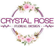 Crystal Rose Floral Design logo featuring pink roses and green foliage encircling the text in a decorative, circular arrangement