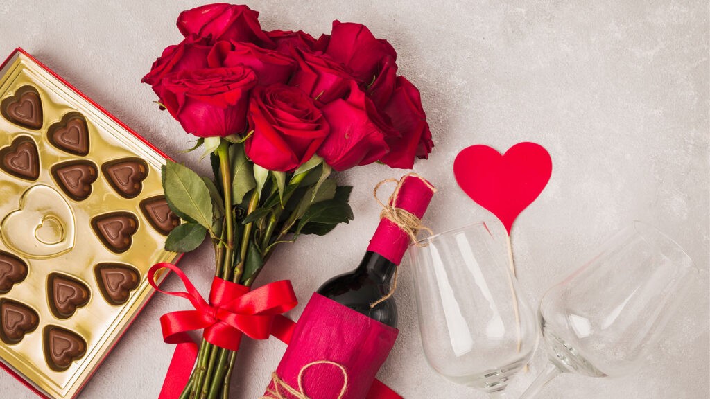 photo delicious chocolate wine and bouquet of roses